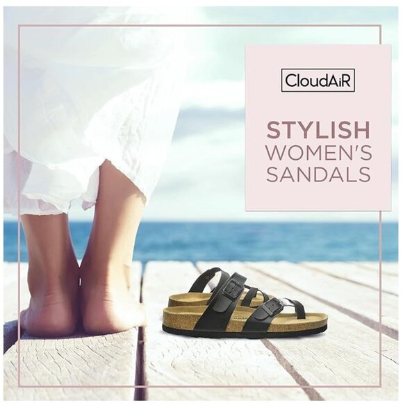 CloudAir Primo Black Thong Cork Footbed Sandals Suede Leather Insoles NEW Sz 6.5 - Picture 7 of 9